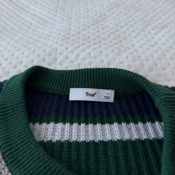 ARITZIA TNA STRIPED COTTON CENTURY GREEN BLUE SWEATER SMALL SIZE 1 - Picture 3 of 5